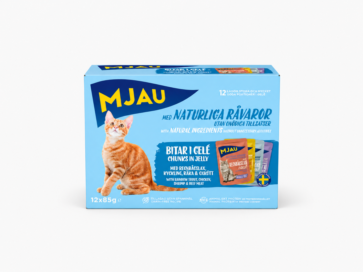 Mjau kött och fisk i gelé 12 x 85 g – klassiskt blandpack med svenskproducerad kattmat i saftig gelé