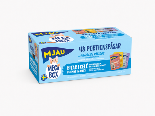 Mjau Megabox kött och fisk i gelé 48 x 85 g – ekonomiskt storpack med svenskproducerad kattmat i gelé