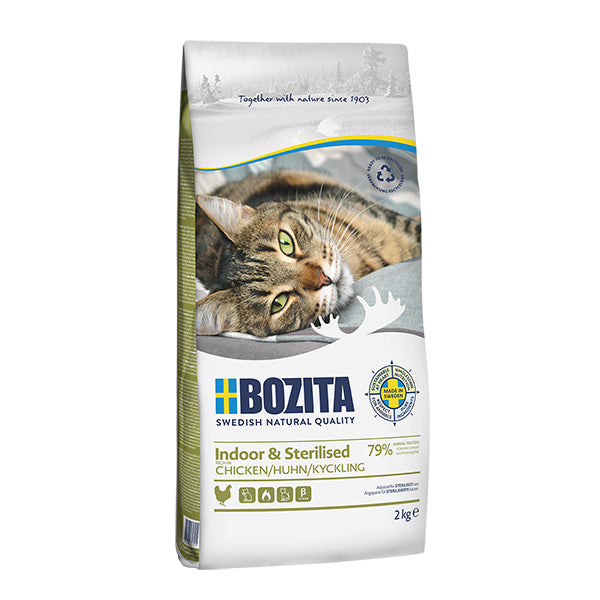 Bozita Indoor & Sterilised Kyckling 2 kg – svenskproducerat torrfoder anpassat för innekatter och steriliserade katter