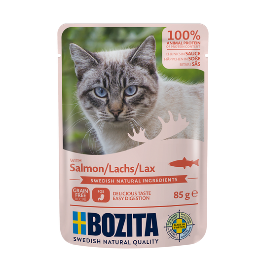 Bozita lax i sås 85 g – svenskproducerat och näringsrikt våtfoder med lax för husdjur