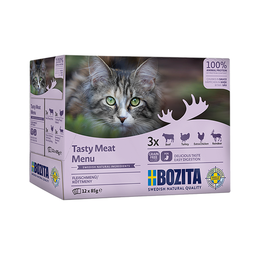 Bozita Multibox kött i sås 12 x 85 g – blandpack med svenskproducerat och smakrikt våtfoder för husdjur