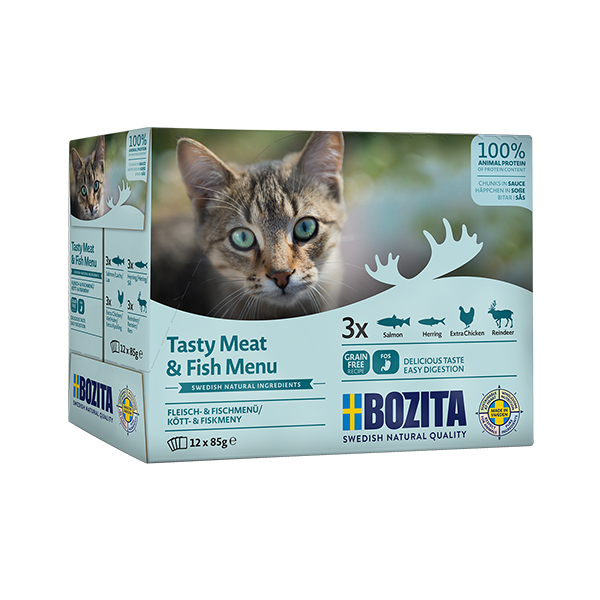 Bozita Multibox kött och fisk i sås 12 x 85 g – praktiskt storpack med svenskproducerat våtfoder för husdjur