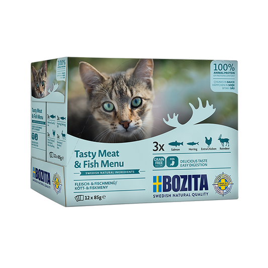 Bozita Multibox kött och fisk i sås 12 x 85 g – praktiskt storpack med svenskproducerat våtfoder för husdjur