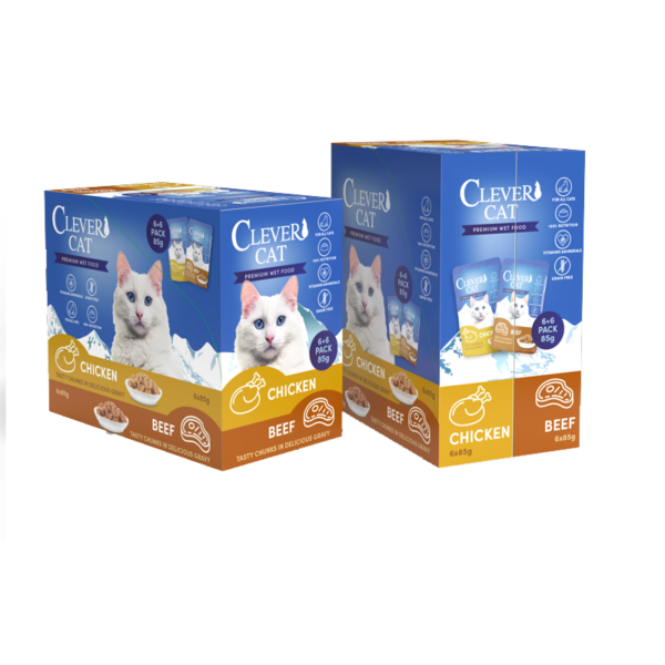 Clever Cat Pouches Mix 12 x 85 g – praktiskt och prisvärt blandpack med portionspåsar för katter