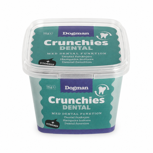 Crunchies Dental kattgodis i en förpackning på 75 g som motverkar plakktillsättning och rengör tänderna