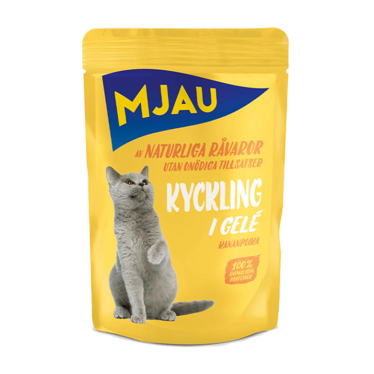 Mjau bitar i gelé med kyckling 85 g – svenskproducerat och smakrikt våtfoder för katter