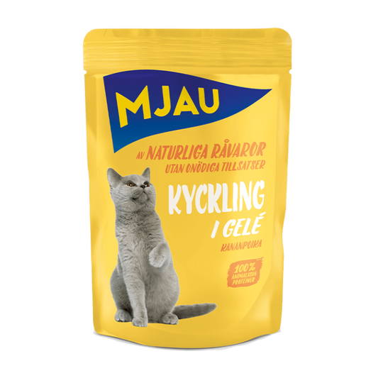 Mjau bitar i gelé med kyckling 85 g – svenskproducerat och smakrikt våtfoder för katter