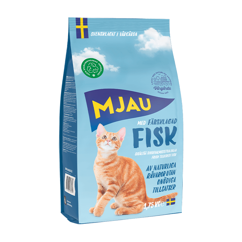 Mjau fisk torrfoder 1,75 kg – svenskproducerat helfoder med smak av fisk för vuxna katter