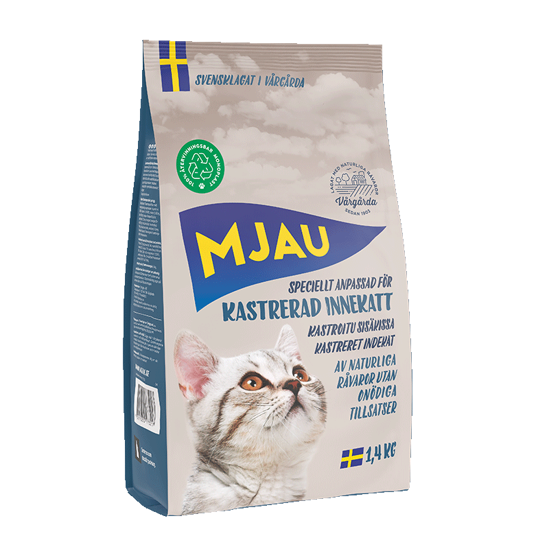 Mjau Kastrerad Innekatt 1,4 kg – svenskproducerat och välbalanserat torrfoder för kastrerade innekatter