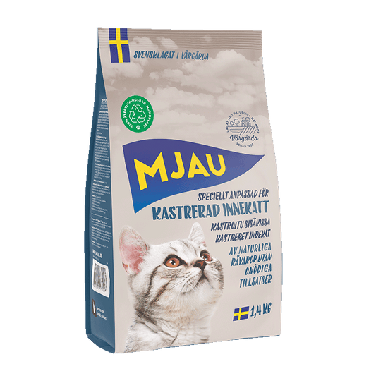Mjau Kastrerad Innekatt 1,4 kg – svenskproducerat och välbalanserat torrfoder för kastrerade innekatter