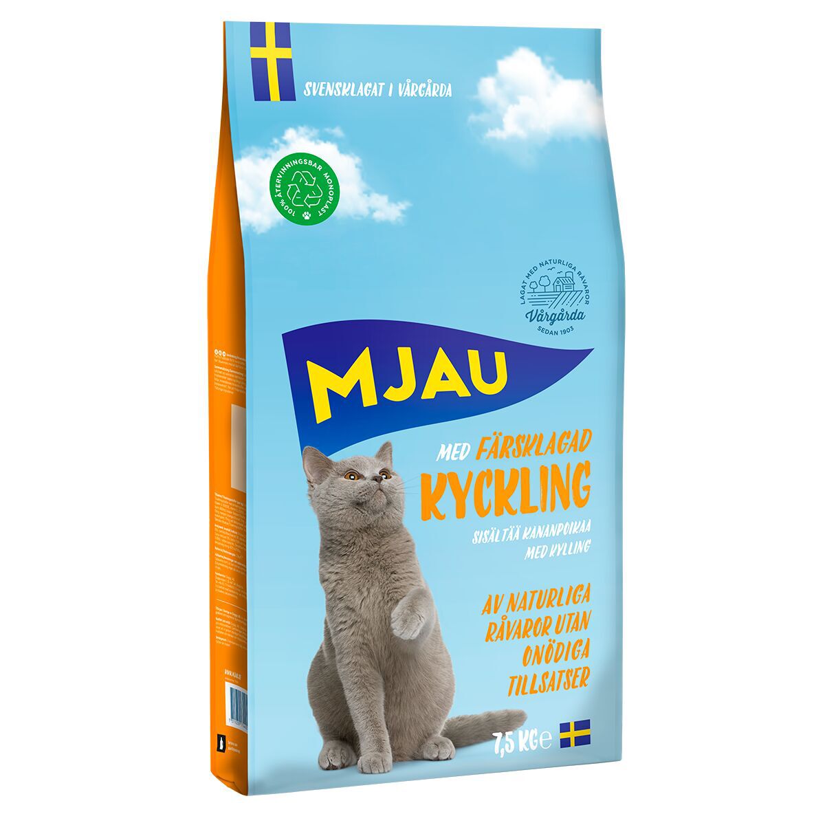 Mjau kyckling torrfoder 7,5 kg – svenskproducerat och näringsrikt torrfoder med smak av kyckling för katter