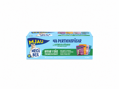 Mjau Megabox kött och fisk i sås 48 x 85 g – prisvärt storpack med svenskproducerat våtfoder för katter