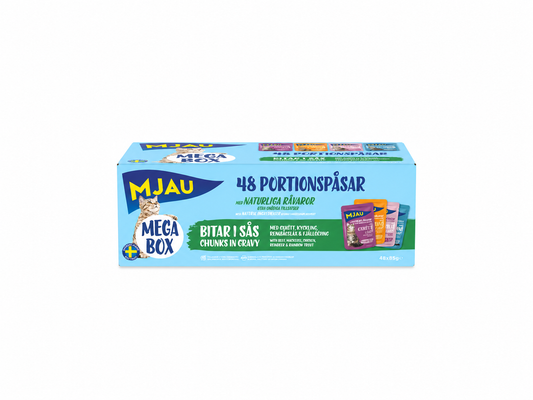 Mjau Megabox kött och fisk i sås 48 x 85 g – prisvärt storpack med svenskproducerat våtfoder för katter
