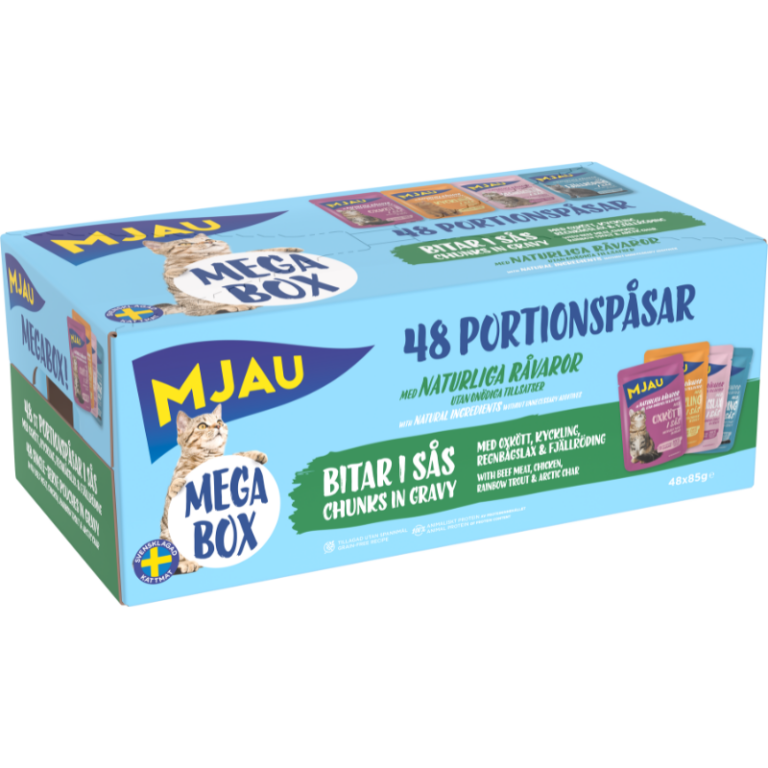 Mjau Megabox kött och fisk i sås 48 x 85 g – prisvärt storpack med svenskproducerat våtfoder för katter