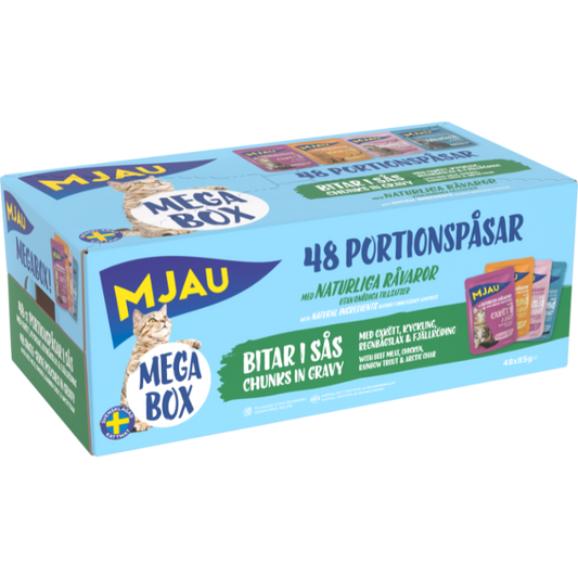 Mjau Megabox kött och fisk i sås 48 x 85 g – prisvärt storpack med svenskproducerat våtfoder för katter
