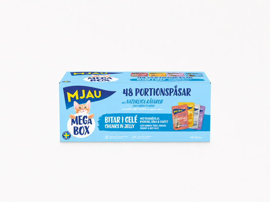 Mjau Megabox kött och fisk i gelé 48 x 85 g – ekonomiskt storpack med svenskproducerad kattmat i gelé