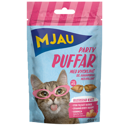 Partypuffar med kyckling kattgodis i en förpackning på 60 g med krispiga och luftiga godisbitar