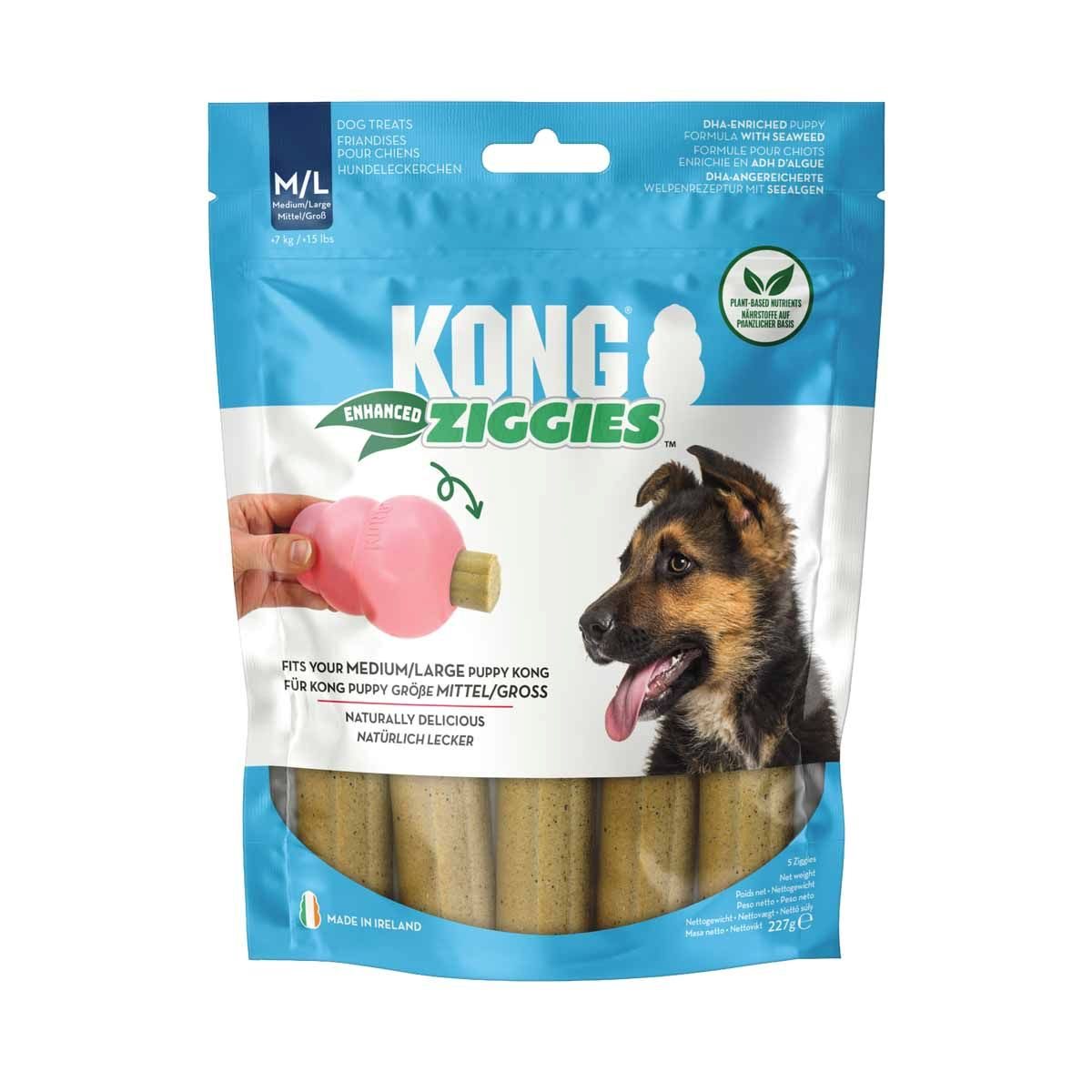 Kong Ziggies Enhanced Puppy tuggben i storlek Medium/Large, 227 g för valpar