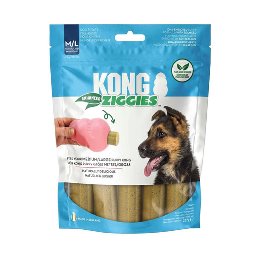 Kong Ziggies Enhanced Puppy tuggben i storlek Medium/Large, 227 g för valpar